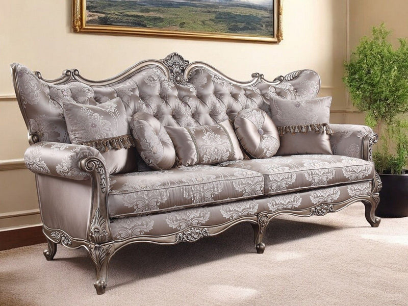 Imitation Silk Damask Sofa And Toss Pillows With Champagne Legs - Dark Gray