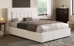 Modern Style Upholstered Queen Platform Bed Frame with Four Drawers, Button Tufted Headboard with PU Leather and Velvet, Beige