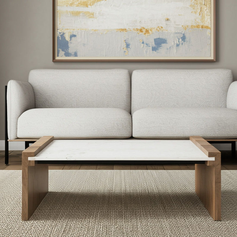 48" Solid Wood And Genuine Marble Coffee Table - Natural And White