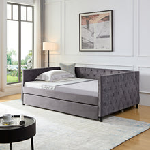 Load image into Gallery viewer, Sofa bed with wheels, upgraded velvet upholstered sofa bed, with Button and Copper Nail on Square Arms,bedroom living room furniture (gray,full,82.75&quot;x58&quot;x30.75&quot;)
