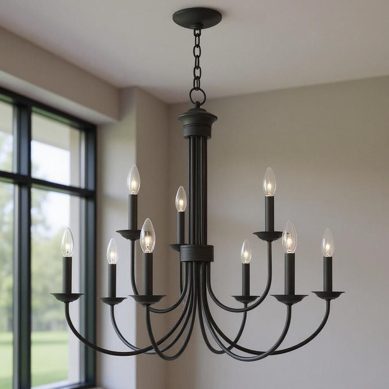 Nine Light Dimmable Chandelier With Shades - Black
