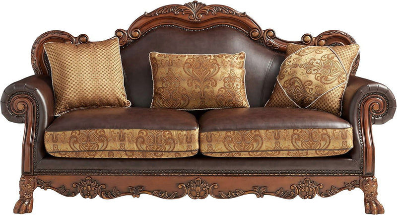 Chenille Faux Leather And Wood Damask Sofa With Toss Pillows - Brown