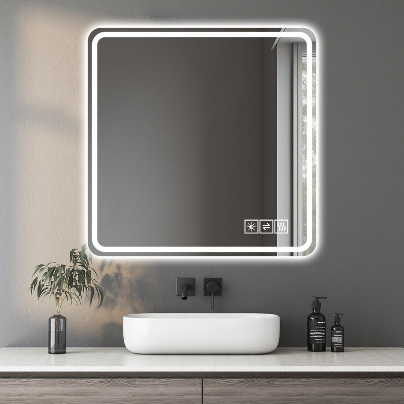 Square Lighted Frameless Bathroom Vanity Mirror With Traditional Frame - Silver