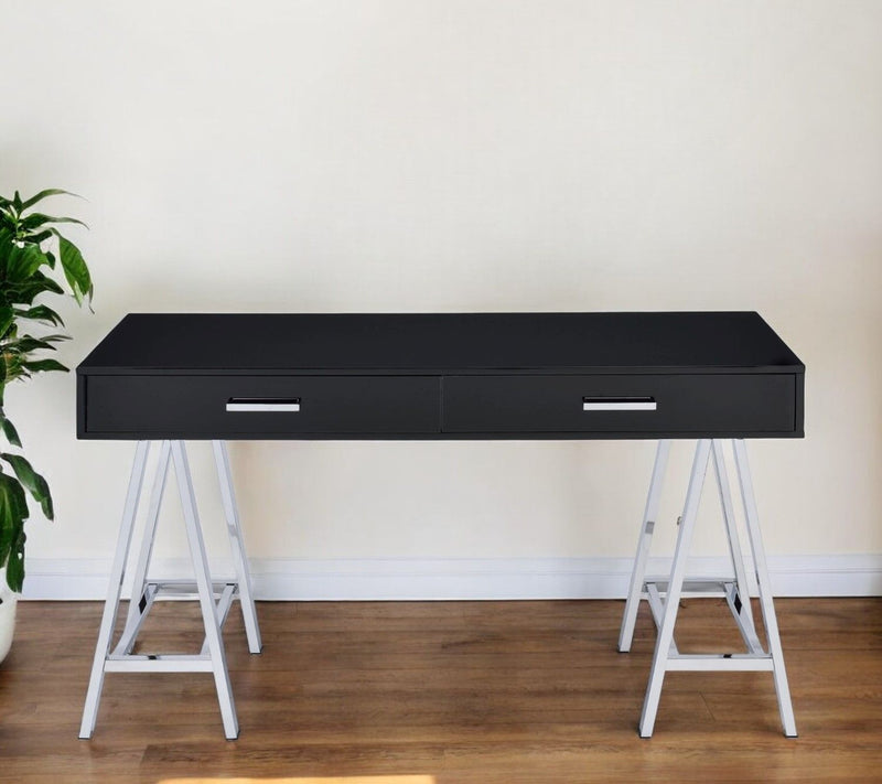 54" x 22" x 31" Writing Desk With Two Drawers - Black And Silver