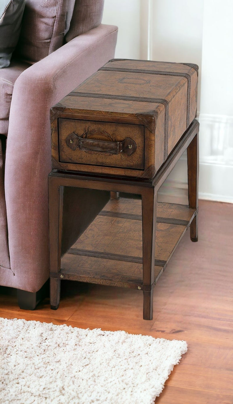 Old World Map End Table With Drawer And Shelf - Brown