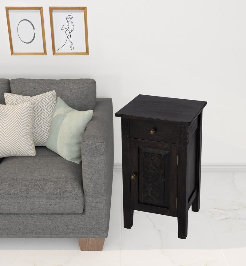 Solid Wood End Table With Door And Drawer - Dark Brown
