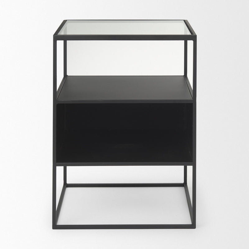 21" Clear And Glass And Metal Square Frame End Table With Two Shelves - Black