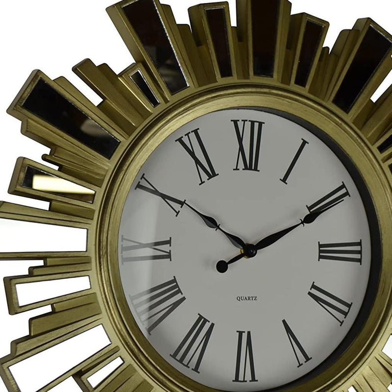 Mirrored Heavy Duty Plastic Silent Analog Sunburst Wall Clock - Gold / Gold / White
