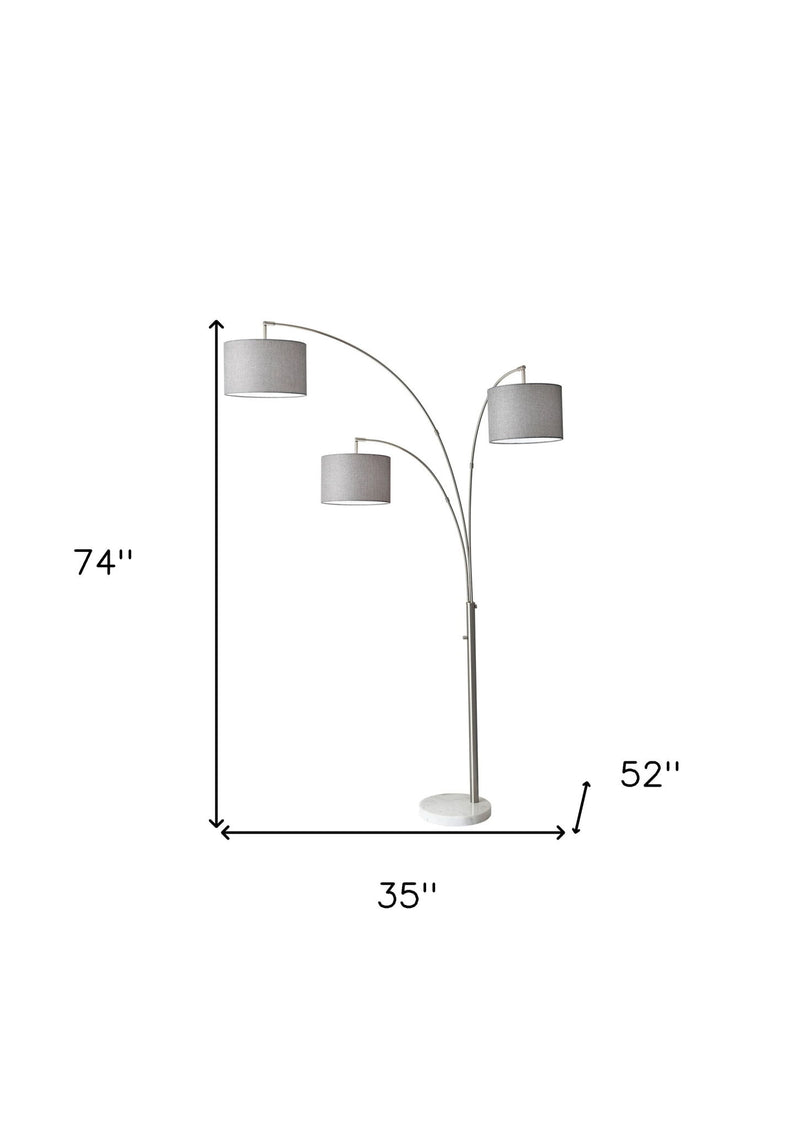 Three Light Adjustable LED Tree Floor Lamp With Gray Drum Shade - White