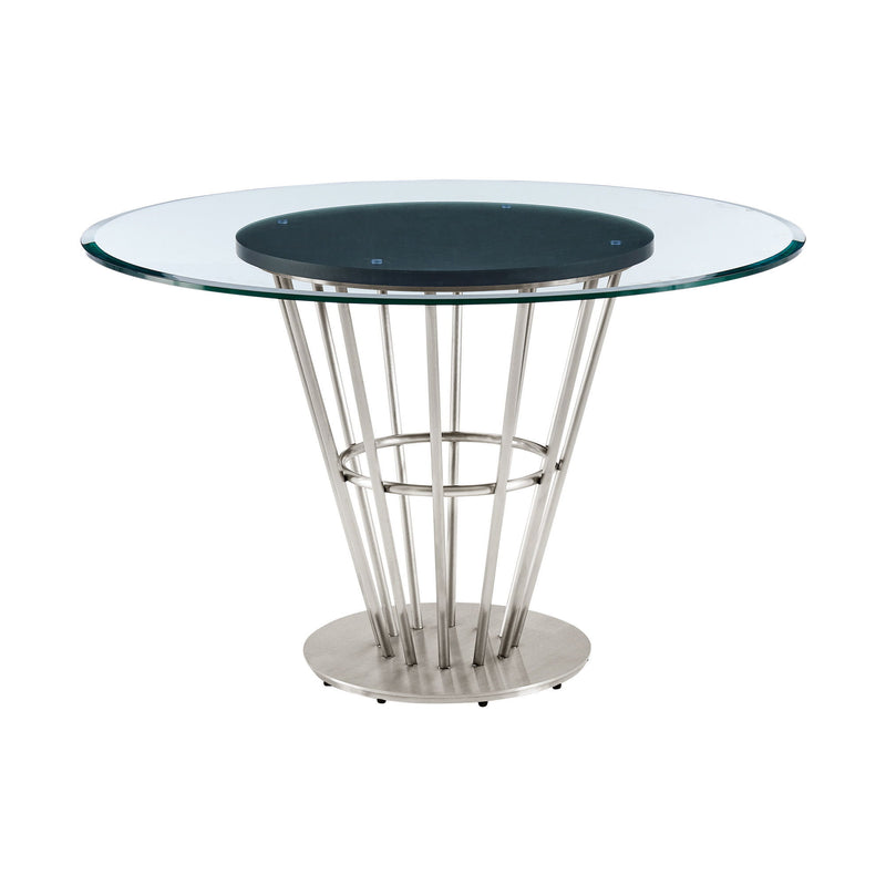 48" Glass And Stainless Steel Pedestal Base Round Top Dining Room Table - Brown