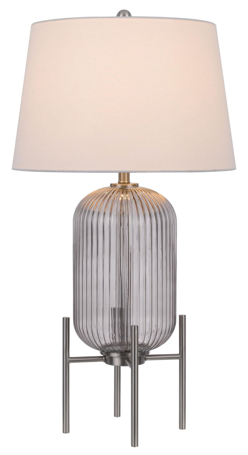 Glass Round Table Lamp With White Empire Shade - Nickel