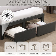 Load image into Gallery viewer, Queen Size Bed Frame with 2 Storage Drawers, Upholstered Bed Frame with Wingback Headboard Storage Shelf Built-in USB Charging Stations and Strong Wood Slats Support, No Box Spring Needed, Dark Gray
