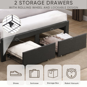 Queen Size Bed Frame with 2 Storage Drawers, Upholstered Bed Frame with Wingback Headboard Storage Shelf Built-in USB Charging Stations and Strong Wood Slats Support, No Box Spring Needed, Dark Gray