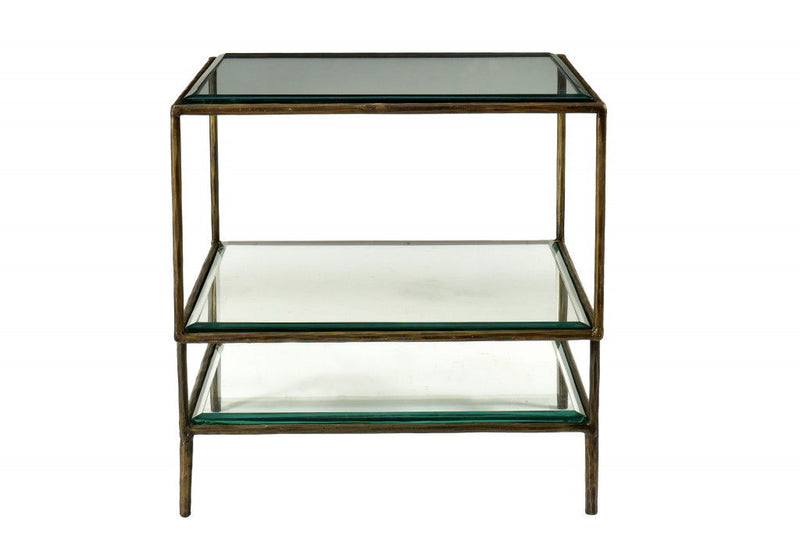 Glass And Iron Square End Table With Two Shelves - Bronze And Clear