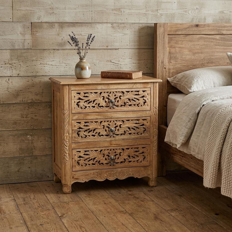 Solid Wood Square Distressed Carved Floral Three Drawer Nightstand - Brown