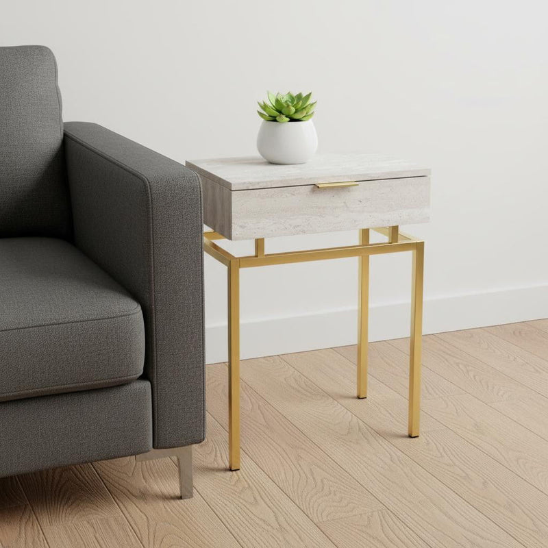 Wood And Metal End Table With Drawer - Gold And Beige