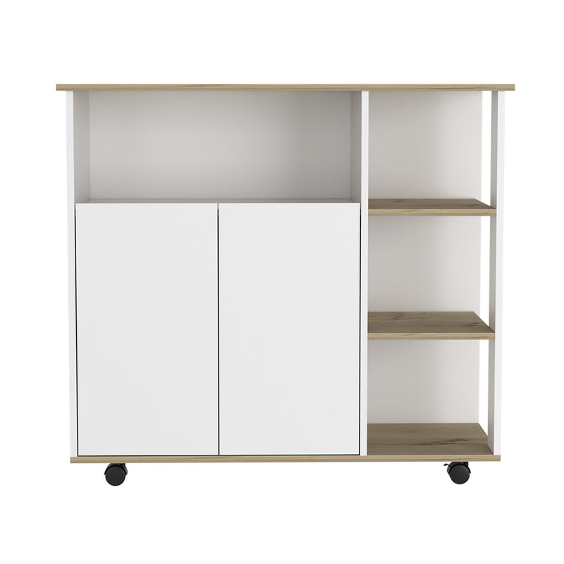 Oak And Wood Rolling Kitchen Island With Storage - White