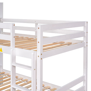 Twin Over Twin Bunk Beds with Bookcase Headboard, Solid Wood Bed Frame with Safety Rail and Ladder, Kids/Teens Bedroom, Guest Room Furniture, Can Be converted into 2 Beds, White