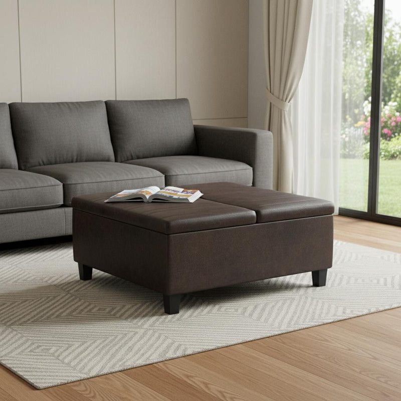 36" Leather Cocktail Ottoman With Storage - Brown And Espresso