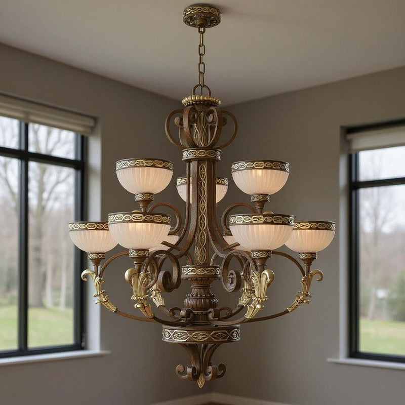 40" Nine Light Dimmable Chandelier With Shades - Bronze