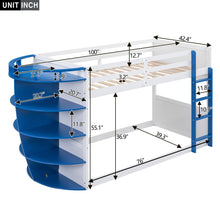 Load image into Gallery viewer, Twin over Twin Boat-Like Shape Bunk Bed with Storage Shelves, White+Blue
