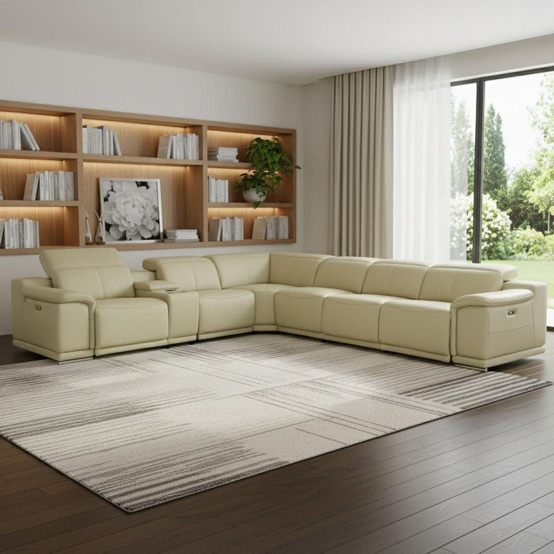 Italian Leather Power Reclining U Shaped Seven Piece Corner Sectional With Console - Beige