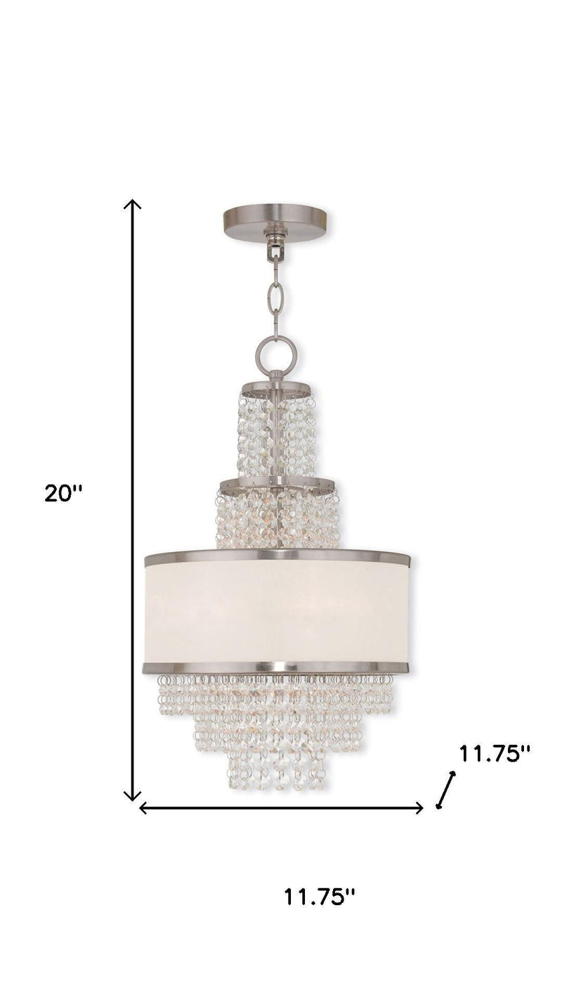 20" Three Light Metal Dimmable Chandelier With Shades - Nickel / Clear / Off White