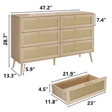 Load image into Gallery viewer, Rattan 6 Drawers Chest Of Dressers For Bedroom, Modern 6 Drawer Dresser, Wide Chest Of Drawers With Wood Handles, Rattan Dresser Storage Cabinet For Living Room, Bedroom, Hallway - Natural Wood / Oak
