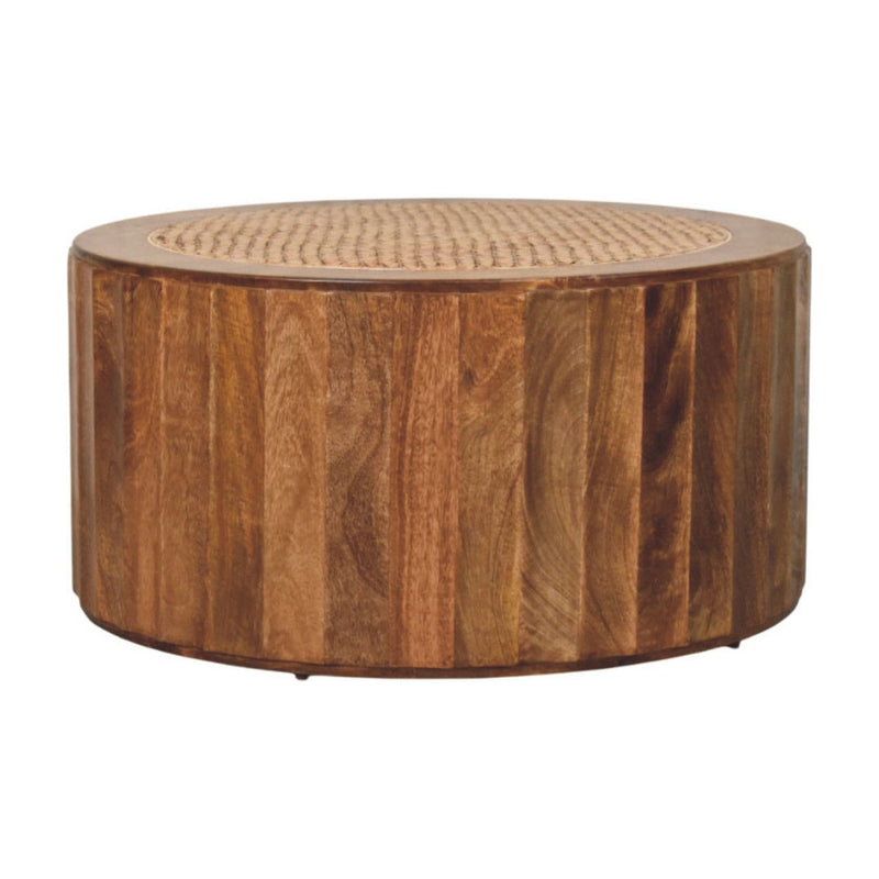 Golden And Saffron Rattan And Solid Wood Round Drum Coffee Table - Brown