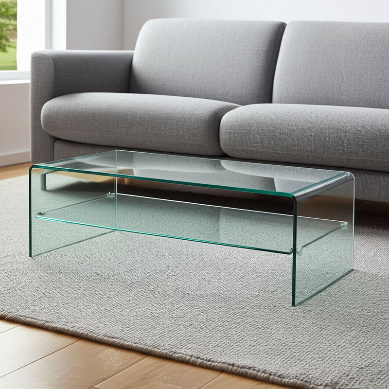 43" Glass Sled Coffee Table With Shelf - Clear