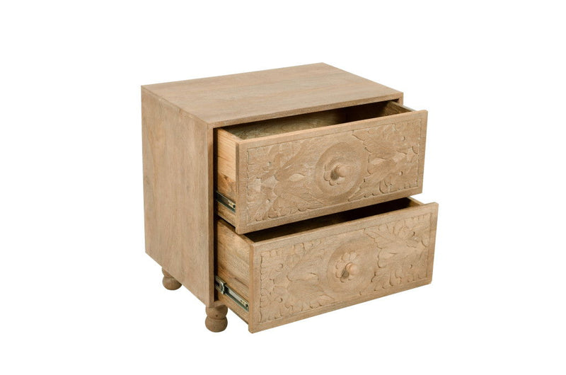 Solid Wood Distressed Carved Scrollwork Two Drawer Nightstand - Beige