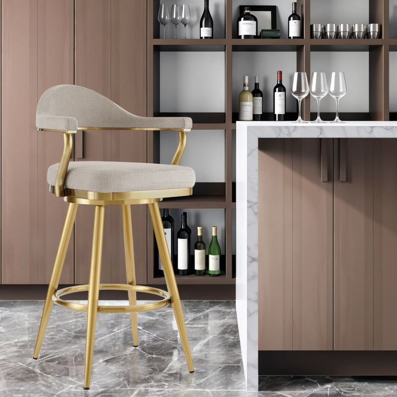 30" Contemporary Fabric And Stainless Steel Bar Height Swivel Bar Chair - Gray