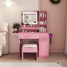 Load image into Gallery viewer, Vanity Desk With LED Mirror Lights And Power Outlet Charging Station, 3 Drawers, 7 Shelves, Storage Stool - Pink
