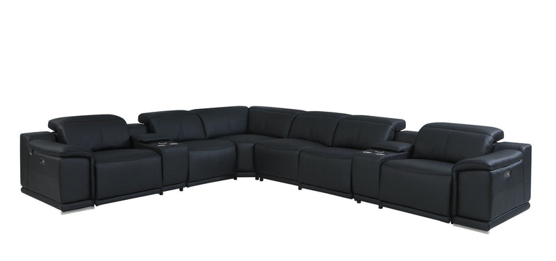 Italian Leather Power Reclining Eight Piece Corner Sectional With Console - Black