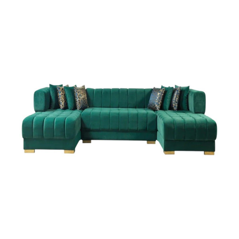 Velvet U-Shaped Three Piece Sofa Chaise Sectional With Toss Pillows - Green