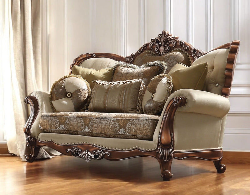 74" Velvet Damask Curved Loveseat And Toss Pillows - Tan And Brown