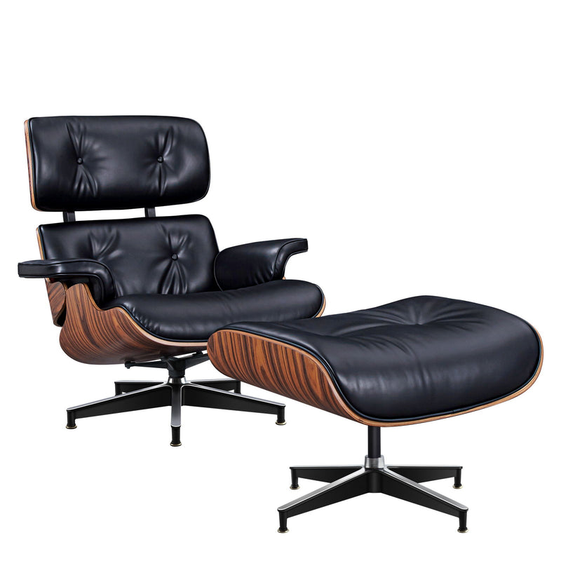 28" Tufted Genuine Leather Lounge Chair With Ottoman - Black / Rosewood