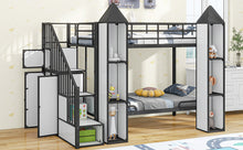 Load image into Gallery viewer, Metal Twin over Twin Castle-shaped Bunk Bed with Wardrobe and Multiple Storage, Black+White
