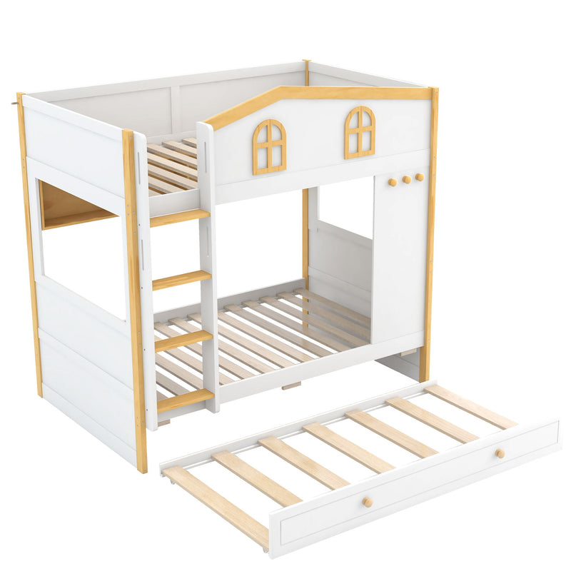 Bunk Bed With House Shaped Guardrails, Storage Shelves, And Trundle