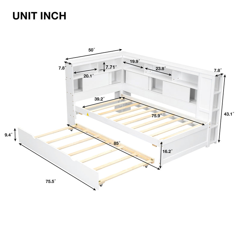 Daybed With Storage Shelves, USB Charging, And Trundle Bed