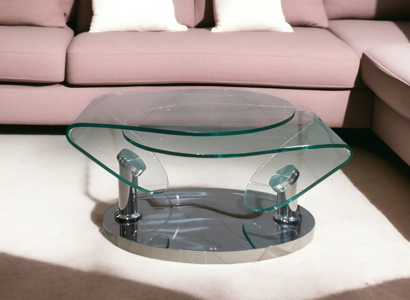30" Glass And Metal Oval Abstract Coffee Table - Clear And Silver