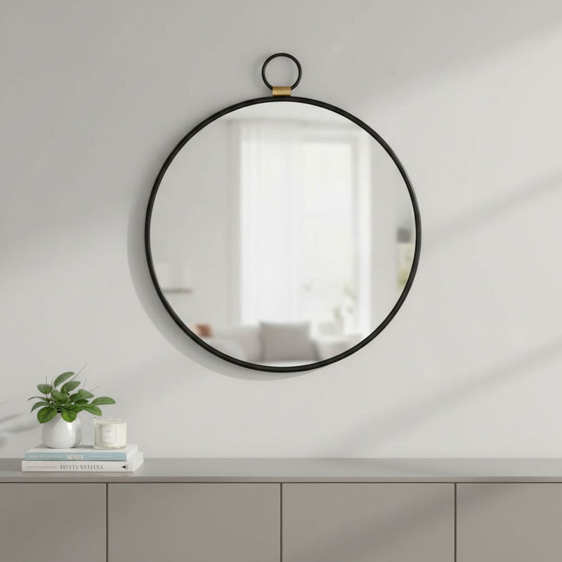 28" Round Iron Framed Accent Mirror - Black