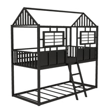 Load image into Gallery viewer, Twin over Twin Size Metal Low Bunk Beds with Roof and Fence-shaped Guardrail, Black
