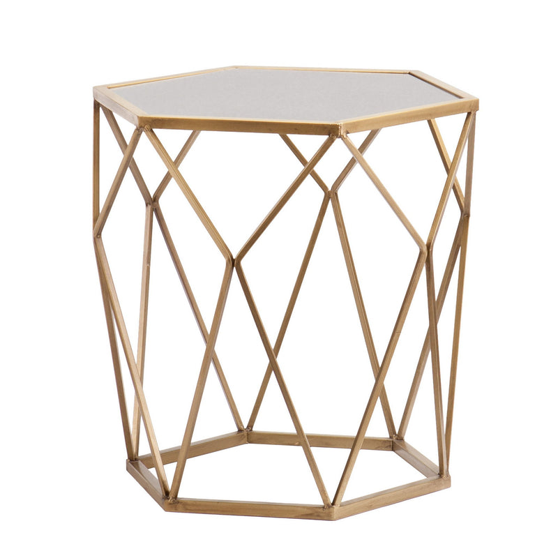 Reflective Glass Hexagon Mirrored End Table - Gold