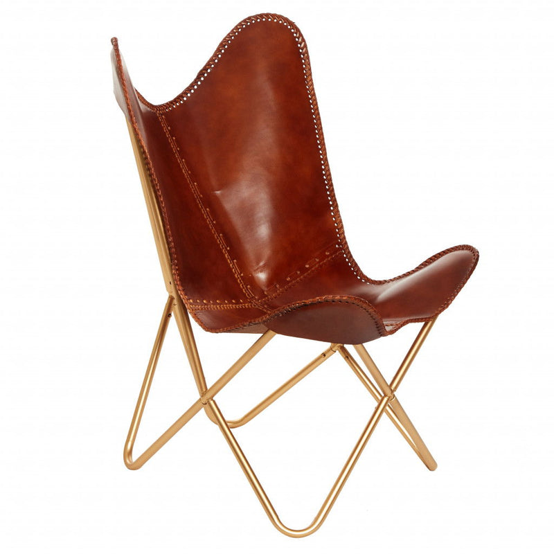 Genuine Leather Butterfly Chair - Brown And Gold