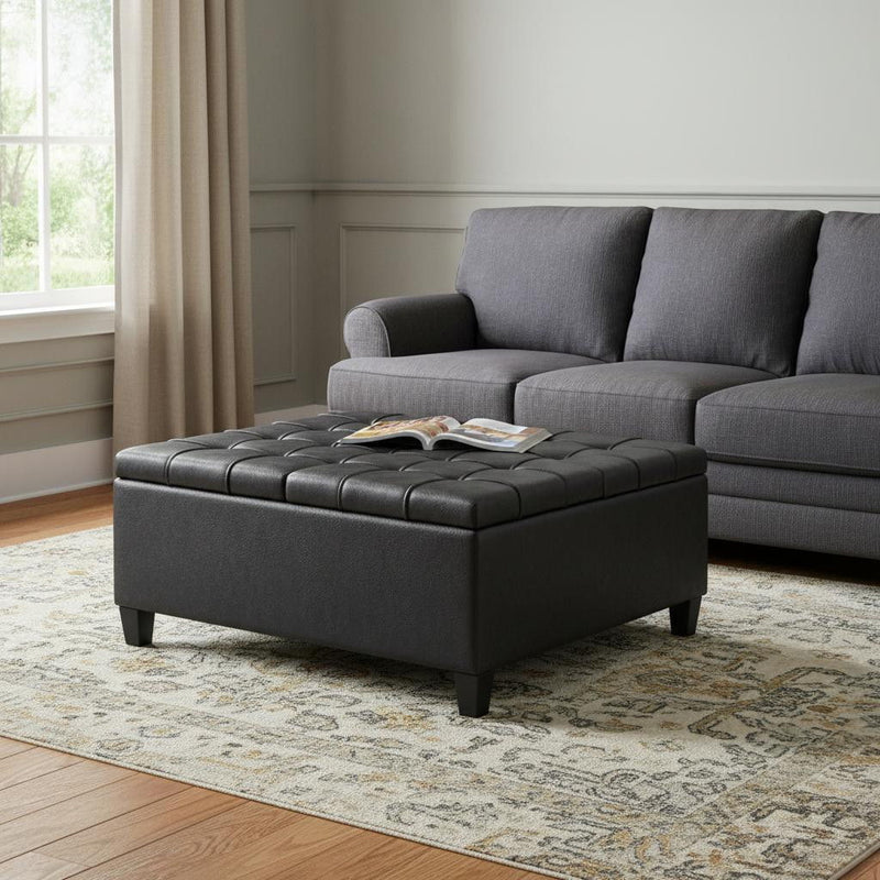 Cocktail Leather Ottoman With Storage - Black / Espresso