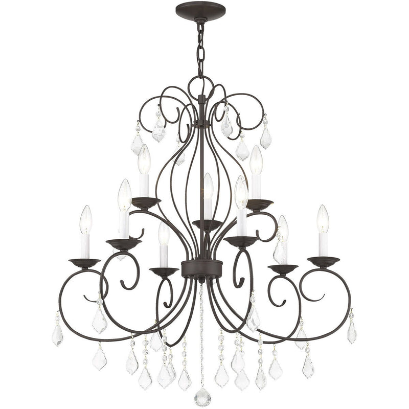 Nine Light Metal Dimmable Chandelier With Shades - Bronze / Clear