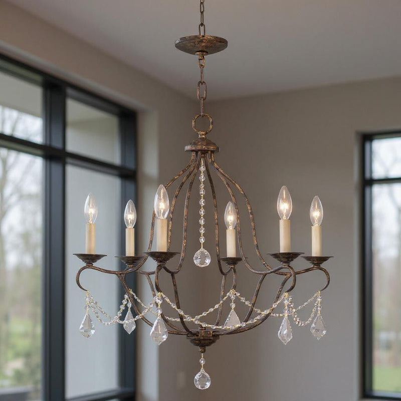 26" Six Light Dimmable Chandelier With Shades - Bronze
