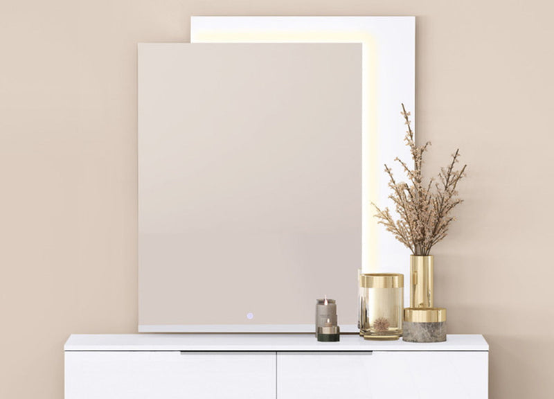 Wood Lighted Wall Mounted And Dresser Mount Geometric Framed Dresser Mirror - White