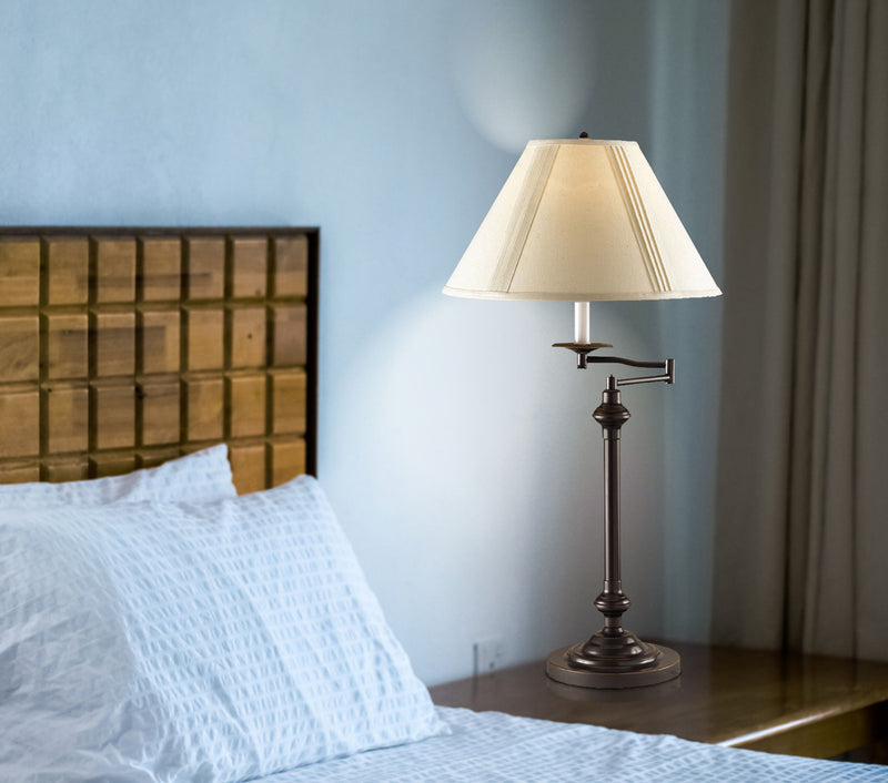 Metal Candlestick Table Lamp With Off-White Empire Shade - Antiqued Bronze